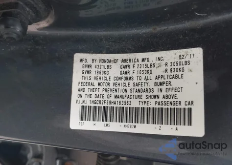 2017 Honda Accord Sport z USA, uszkodzony, nr VIN 1HGCR2F59HA163562